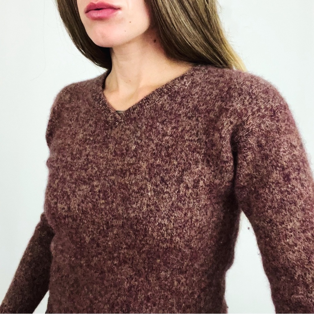 Vintage Express Tricot Pure Wool V-Neck Pullover Sweater in Marled Maroon Size S